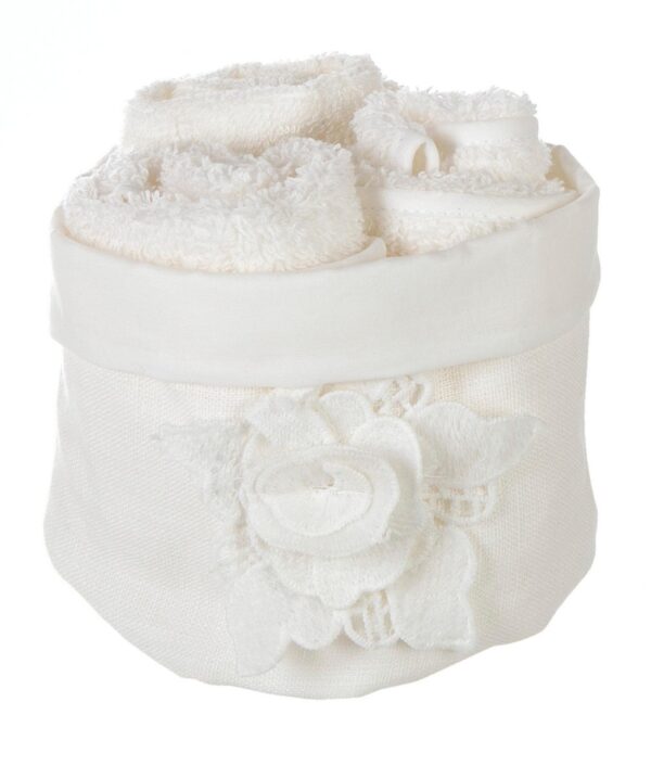 Cestino 100% cotone con 3 lavette con fiore applicato 10x10cm