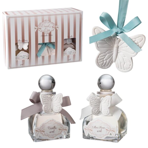 Set due diffusori con applicazione farfalla con gift box, due profumazioni 40ml. (cotton flower e vanilla) (profumazione farfalla: light blue) 5x5x10cm