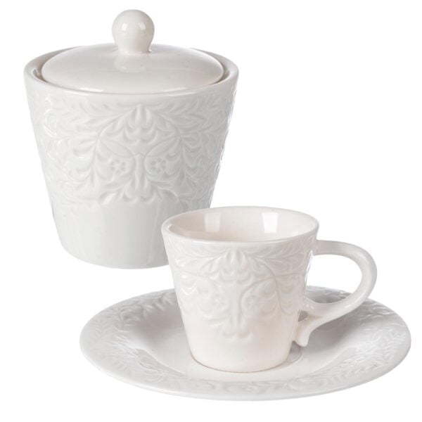 Set Lilium da sei tazze da caffe' con piattino e zuccheriera in porcellana linea con gift box Tazza: d.5,7xh5,2cm Piattino: 12,5x1,5cm Zuccheriera: 7,5x10cm