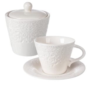 Set Lilium da sei tazze da te' con piattino e zuccheriera in porcellana con gift box Tazza: d.8,5xh7,5cm Piattino: 14x1,5cm Zuccheriera: 7,5x10cm