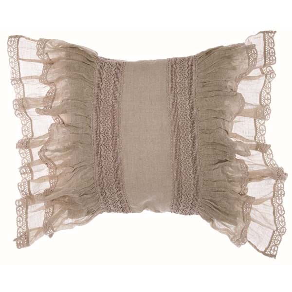 Cuscino beige di lino e gala di pizzo 45x45cm